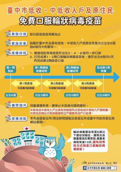 臺中市低收、中低收入戶及原住民免費口服輪狀病毒疫苗