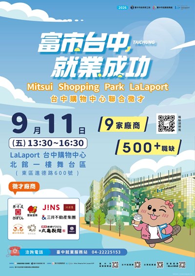 2026「富市台中 就業成功」Mitsui Shopping Park LaLaport 台中購物中心聯合徵才
