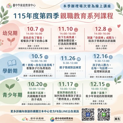 臺中市家庭教育中心115年度第四季親職教育課程