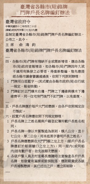 臺灣省各縣市(局)路牌門牌戶長名牌編釘辦法